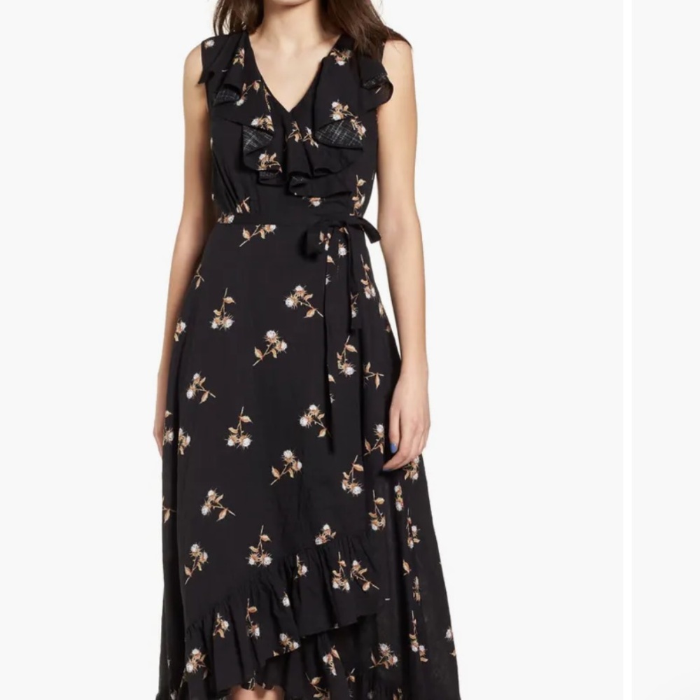 B.P Nordstrom black ruffle floral midi wrap tie dress SZ L